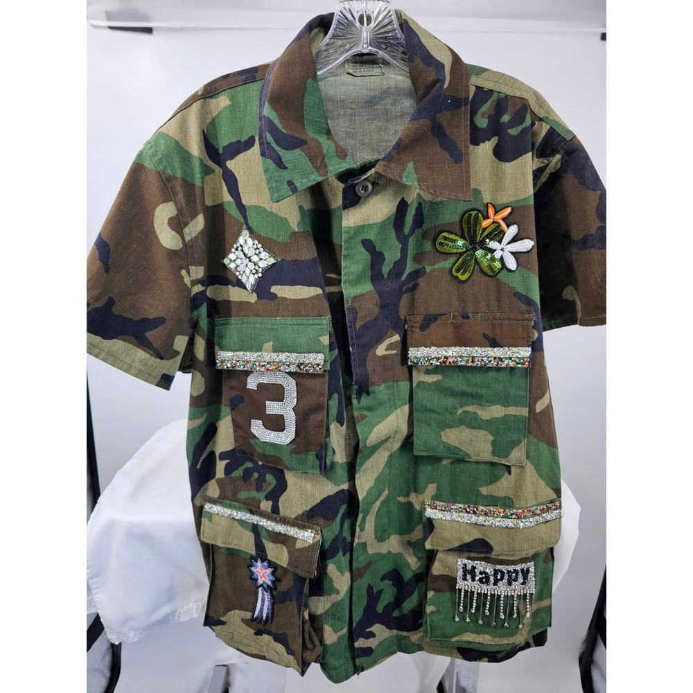 Custom Embellished Camo Shirt Black Melanin Rhinestone Short Sleeve Large